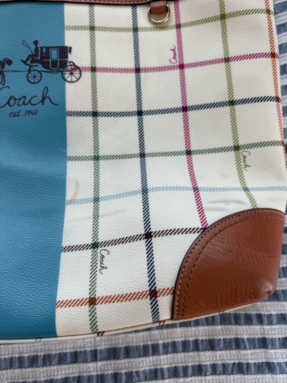2008 Coach Heritage Cream Plaid Tote with Teal Center Stripe and Brown Trim - Picture 5 of 9